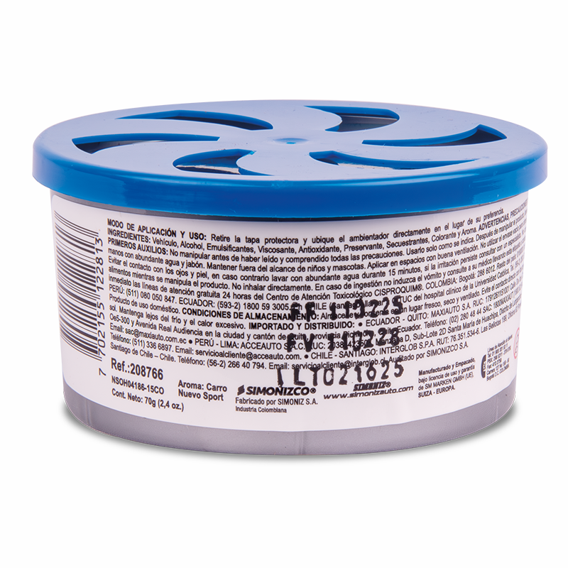 AMBIENTADOR GEL SIMONIZ AUTO FRESCO CARRO NUEVO SPORT 70GR AZUL CARRO NUEVO SPORT - Imagen 3